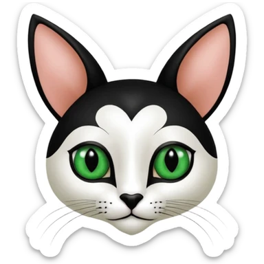 Haz una gata de ojos verdes la cara blanca con mancha negra en las orejas que agarra parte de la frente del lado der pero del iz va desde el ojo hasta la oreja la mancha, tiene la nariz negra en forma de corazón y todo lo que sobra de la cara, barbilla la nariz arriba y el lado de bigotes es blanca sticker