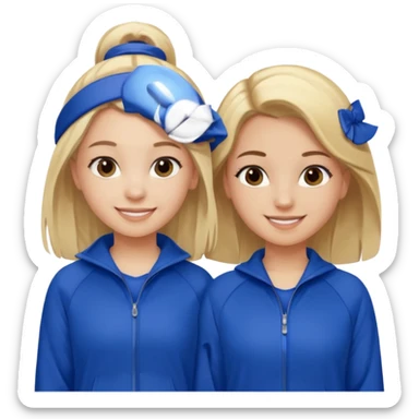 two girls smiling one has blond hair and one is has dark brown hair they are wearing royal blue track suits sticker