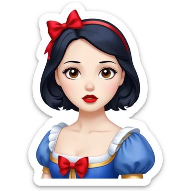 Cinematic Elegant Snow White Portrait Emoji, rendered in a realistic, vector-style with minimal shading and bold, simplified shapes. Depict Snow White (chest and above) with flawless porcelain skin, expressive deep brown eyes, and lustrous raven hair neatly styled with a red bow, wearing her classic blue and gold dress. The image glows with a soft, pure radiance and high shine, capturing timeless beauty and gentle grace. sticker