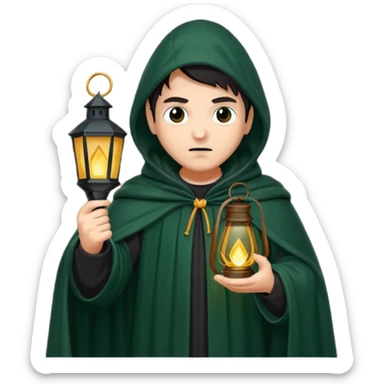 traitor tv show, person wearing dark green cloak with hood up who looks evil and is holding up a lantern sticker