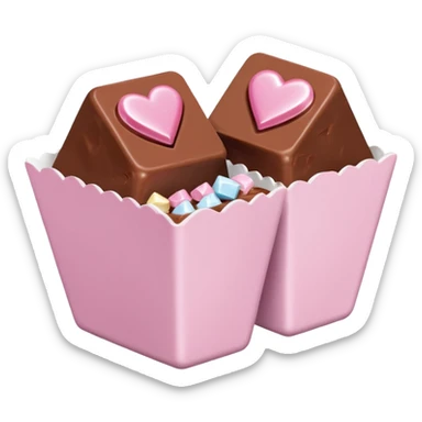 Two square milk chocolate pralines , sharp-edged glossy cubes placed diagonally side by side, each sitting in a small white fluted paper candy cup.
Flat thin pastel pink heart icing centered on top with fine sugar crystal sparkle, clean studio product lighting,  sticker