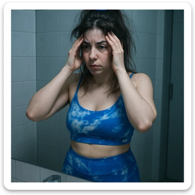 A slender woman in 4K, in front of the bathroom mirror, looking at herself with a tired gaze, massaging her temples, with messy hair and cold lighting, inspired by the reference photo. sticker
