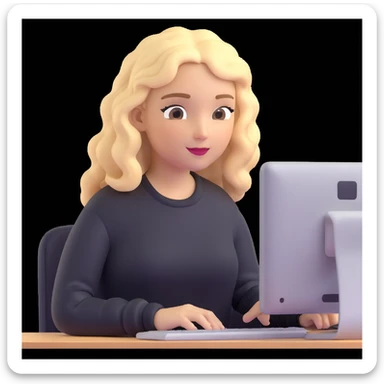 brown-eyed blonde young woman with wavy hair, wearing a black sweater, working on a computer in a cozy office sticker