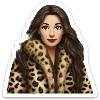 Beautiful Woman Realistic long hair brunette Mob wife fur coat with Leopard  sticker