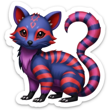 Rare warm-colored exotic gloomy tropical edgy cute epic aesthetic spooky indigo violet white black red gothic colorful Salandit-Furret-Civet-species-Fakemon-hybrid-creature, with tribal tattoo markings, full body sticker