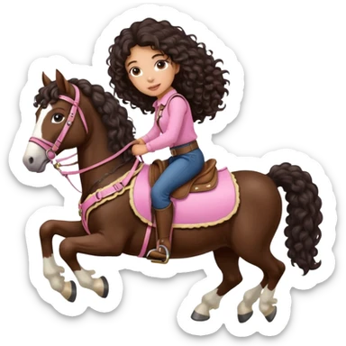 Realistic mixed race girl with long dark brown curly hair, riding a big shire horse, wearing pink harness and saddle  sticker