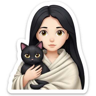 A girl with fair skin, long black hair, just got out of the shower, wrapped in a blanket and holding a black cat sticker