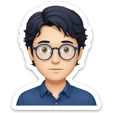 Torso view of young man with longer wavy black hair, round glasses, dark blue casual buttoned shirt sticker