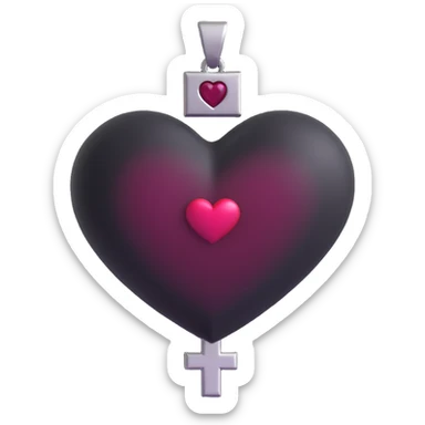 3D emoji gothic heart, black velvet texture, silver cross charm, dark ruby center sticker
