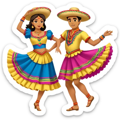 Cinematic Realistic scene of two dancers performing Cumbia, adorned in colorful traditional Colombian costumes with intricate details, captured in rhythmic motion with lively, festive lighting sticker