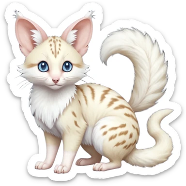 Albino-white, blue-eyed soft natural realistic romantic vintage antique divine beautiful elegant pretty precious cute young youthful  Fakémon-Pokémon-opossum-feline-mouse-serval-caracal-chinchilla-Minccino-Cinccino-Meowstic-rodent-hybrid-creature with a big fluffy bushy tail (full body) sticker
