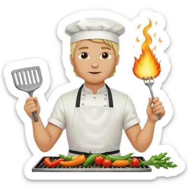 man with tied blond hair and and a white apron grilling vegetables on a sizzling grill sticker