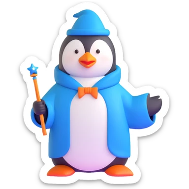 penguin wizard with a blue robe and magic wand sticker