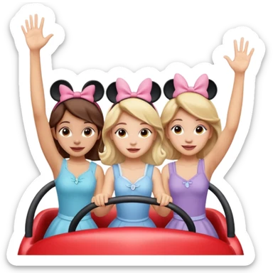 quatro chicas montadas en una atraccion de levantando la mano con orejas de Disney puestas en una atracción sticker