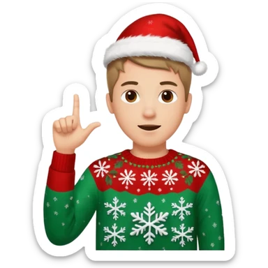 A guy pointing up with one hand and he has a christmas sweater with snowflakes in it sticker