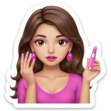 girl with long wavy brown hair, brown eyes, light to medium complexion, in a pink sexy top, pink lips, long lashes, puckered lips, showing my manicure sticker