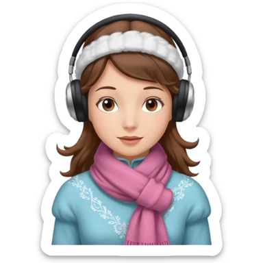 Victorian ice skater in a long dress. She is wearimg a scarf and earmuffs. She has boriwn hair. sticker