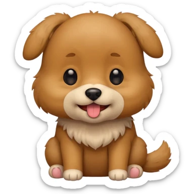 Cute small brown fluffy dog emoji icon. Round face, short muzzle, light brown fur with slightly darker ears, small black nose, happy smiling expression with tongue out. Soft friendly eyes, sitting pose with front paws together. Simple clean vector style, minimal details, kawaii style. sticker