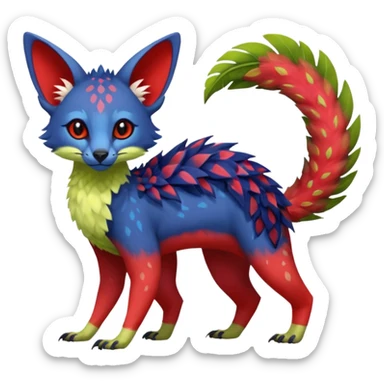 Feral Rare Fantasy vibrant tropical red and indigo and lime-collred Vernid-Trico-species-creature by LiLaiRa, random markings, tufted tail, tufted ears, full body sticker