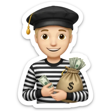 robber with 4 lines of black and white striped shirt and he has a money bag in his hand and a robber hat and he is smiling and he is white sticker