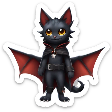 Cute edgy cool beautiful realistic vampiric dark eldritch fantasy Litten-Fakémon-Digimon with bat-wings as ears full body, cloak, choker collar, harness, leg straps sticker