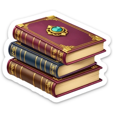 A stack of colorful spellbooks that look like they came out of a fine victorian library sticker