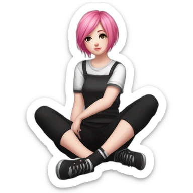 Full body Front view curvy emo girl pink hair sits on the floor straight view hands up black skirt белые трусики рваные полосатые чулки sticker