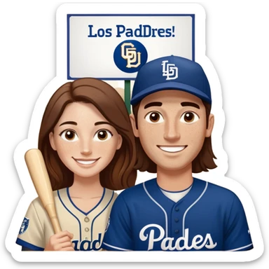*White* couple smiling. Woman has big cheeks and a lot of freckles on the nose. long brown hair. Man has black and very short hair and prominent eyebrows with egipcian nose. Both are wearing “Los Padres” baseball jerseys and with a sign that says “Go Padres!” sticker