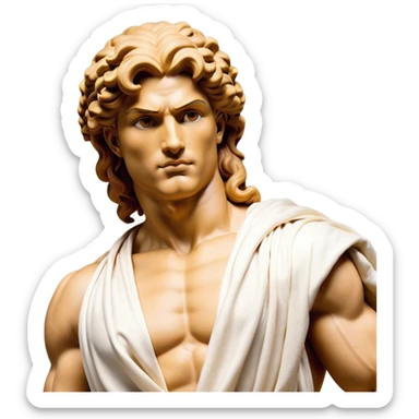 Cinematic Realistic Hercules Portrait, head tilted playfully and inquisitively, showcasing a blend of legendary power and youthful charm with the refined features of Michelangelo's David. His light tan, sculpted skin and thick, curly, golden brown hair—styled with wild majesty—evoke the spirit of the lion-wrestling Hercules. Clad in a softly draped white robe with subtle golden details and adorned with a Greek laurel wreath, his expressive eyes and warm smile capture an approachable yet formidable hero, bathed in gentle natural lighting. sticker