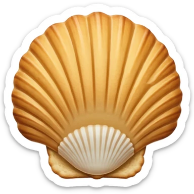 A madeleine pastry. Oval seashell shape with ONLY four to five vertical lines going in the same direction. Light golden brown. Scalloped edge. Cookie. Flat. Long. Oval shape. Lets scallops. Only four or five scalloped lines sticker