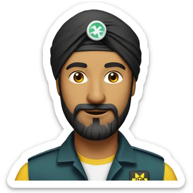 Tall sikh man with beard wearing a black turban and a yellow paramedic jacket sticker
