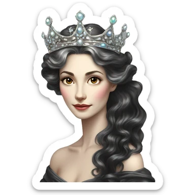 Regal pretty slender middle age woman photograph defined cheekbones high cheekbones crown vintage with very long iridescent black and silver hair wavy long hair pearl crown iridescent sticker
