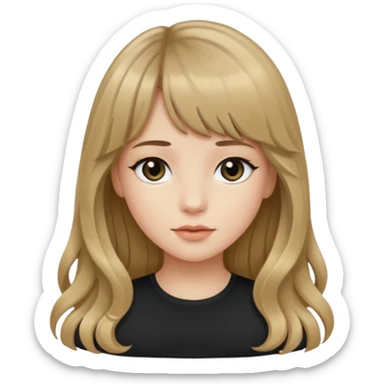 Uma garota de cabelo ondulado loiro escuro,mas com franja lisa e olhos pretos, e a cor de pele branca,e o cabelo LONGO  sticker