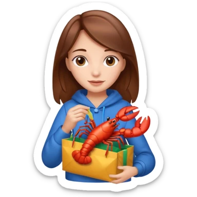 Cute girl brown hair holding gift bag with lobster inside sticker