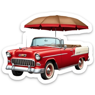 1955 Chevrolet Bel Air Convertible, Red-White color, with a bucket of brown mud pouring down on it, and the car itself is covered in brown mud on all sides, the doors, bumper, hood and wheels are covered in brown mud. 32x32 pixels, aspect ratio: 1:1 sticker