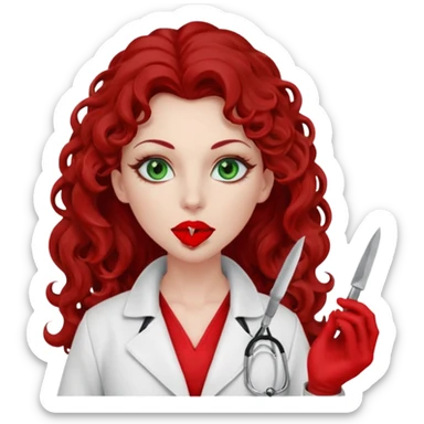 Lilith symbol sexy evil woman. She has green eyes.  had brown long curly hair.  evil surgeon kills with scalpel wears red sexy doctor coat with red mouth cover red gloves. Covers nose, neck  and mouth with red face berka sticker