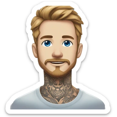 Man with Light brown hair, neck tattoos, arm tattoos, mustache and beard, blue eyes, silver nose piercing hoop, black anime graphic tee sticker