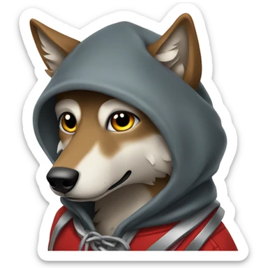 Wolf wearing a red bandana around its neck and a hoodie sticker