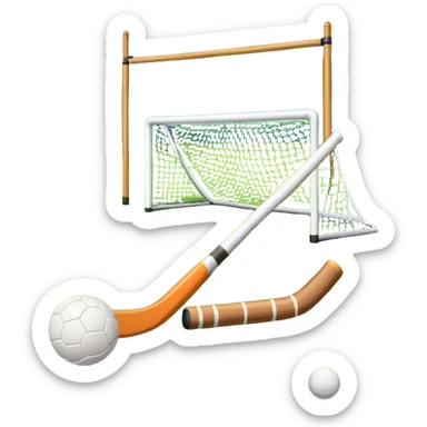 A field hockey stick and ball resting on a well-maintained grass field, with the goalposts and markings visible in the background. The scene highlights the precision and focus of the sport, with the vibrant green pitch creating a dynamic atmosphere. sticker