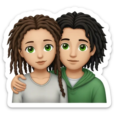 couple holding eachother. the boy is light skinned, short brown dreads, and green eyes. the girl is light skinned, long curly black hair, and brown eyes. sticker