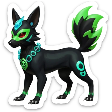 Hyper realistic slim black and neon green futuristic shiny colorful bioluminescent cyber-Poochyena-Zorua-Litten-Houndoom-Fakémon-Pokémon-Digimon-hybrid-fusion (full body) with a skull-mask-face sticker