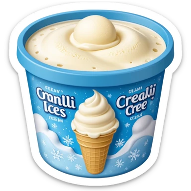 A creamy ice cream tub with a minimalist printed label showing flavor name and brand logo, sitting inside a store freezer. The lid and sides of the container have small frost crystals and condensation. Realistic photography style with soft lighting and a cool-toned background. sticker