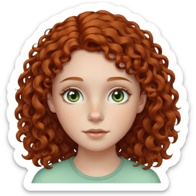 pale teen girl with light green eyes and freckles that has curly auburn hair in a middle part sticker