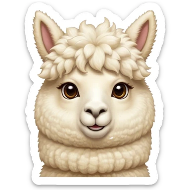 Cinematic Cute Cream Alpaca Portrait Emoji, Head tilted playfully and inquisitively, featuring a fluffy, cream fleece with a natural sheen, round, sparkling gentle eyes filled with curiosity, Simplified yet irresistibly adorable features, highly detailed, glowing with a warm, friendly glow, high shine, affectionate and gentle, stylized with a touch of whimsy, bright and endearing, soft glowing outline, capturing the essence of a mischievous yet loving alpaca, so playful it feels like it could prance out of the screen and into your arms! sticker