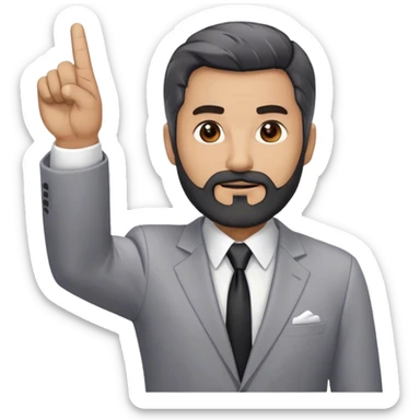 Emoji-style cartoon man, 50s, black beard with gray streaks and white, wearing a business suit. Raises right index finger upward (↑) to signal 'attention!' Looks Дмитрий Шумейко sticker