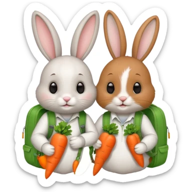  Two bunny brown & white, bunny with a green backpack, holding a carrot sticker