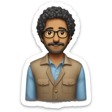 Indian man with glasses, curly hair to the shoulders, has a beard and moustache but its not a full beard and he wears glasses sticker