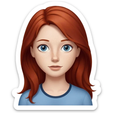 woman with long dark auburn red hair that is mostly straight but has slight waves to it. grey blue eyes. some freckles sticker