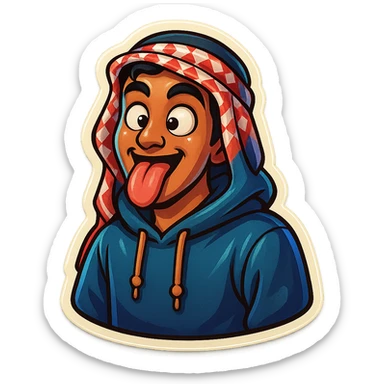 cartoonish, bold, vibrant emoji-style sticker of Ara, an Arab young man with medium brown skin, black hair, wearing casual urban Middle Eastern streetwear like a keffiyeh scarf or hoodie, sticking out his tongue playfully with crossed eyes sticker