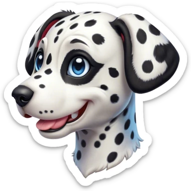 Cinematic Cute Harlequin Dalmatian Portrait Emoji, Head tilted playfully and inquisitively, featuring a glossy Fur of predominantly white with dynamic black patches, round, sparkling blue eyes filled with gentle curiosity, Simplified yet irresistibly adorable features, highly detailed, glowing with a warm, friendly glow, high shine, affectionate and gentle, stylized with a touch of whimsy, bright and endearing, soft glowing outline, capturing the essence of a mischievous yet loving pup, so playful it feels like it could lumber out of the screen and into your arms! sticker